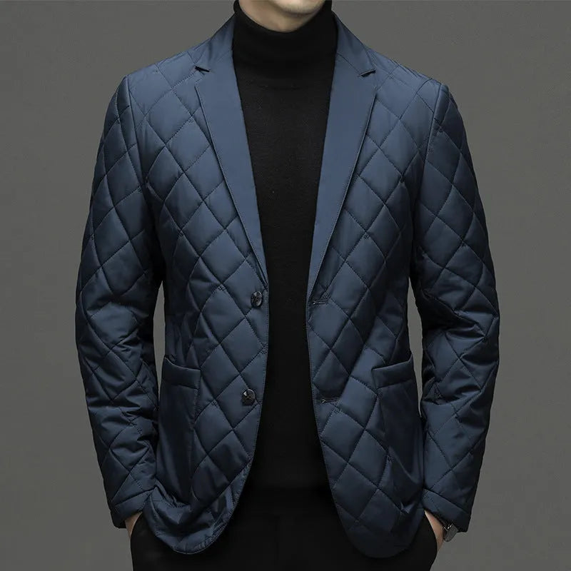 Men's black thick down jacket with lapel collar and side seam pockets, cardigan style.