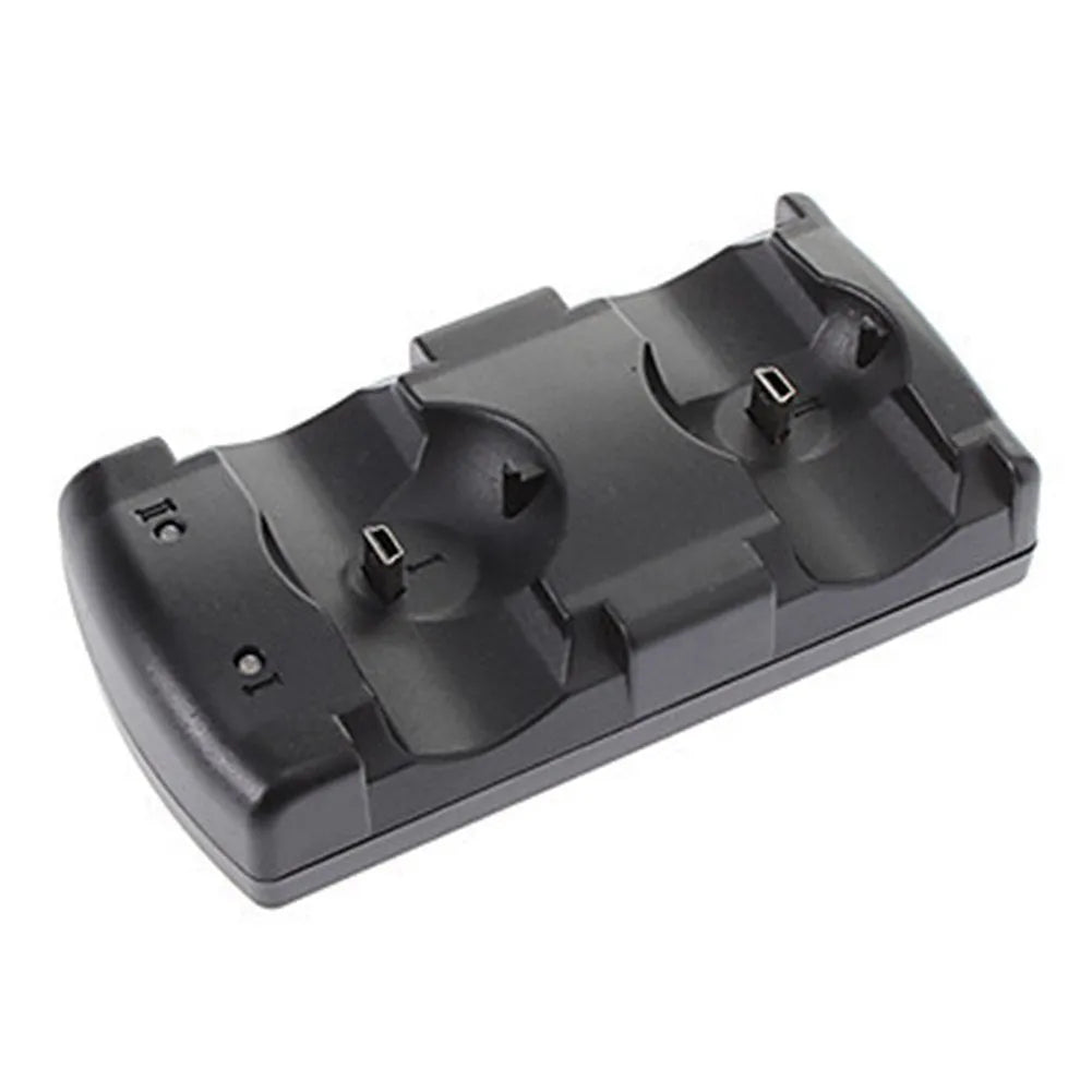 Black PS3 dual USB charging dock with two controller stations and a connected USB cable