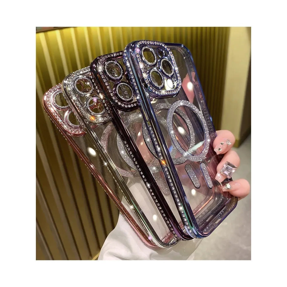 Wireless magnetic iPhone case in deep purple colour with soft silicone edges and electroplating detail.