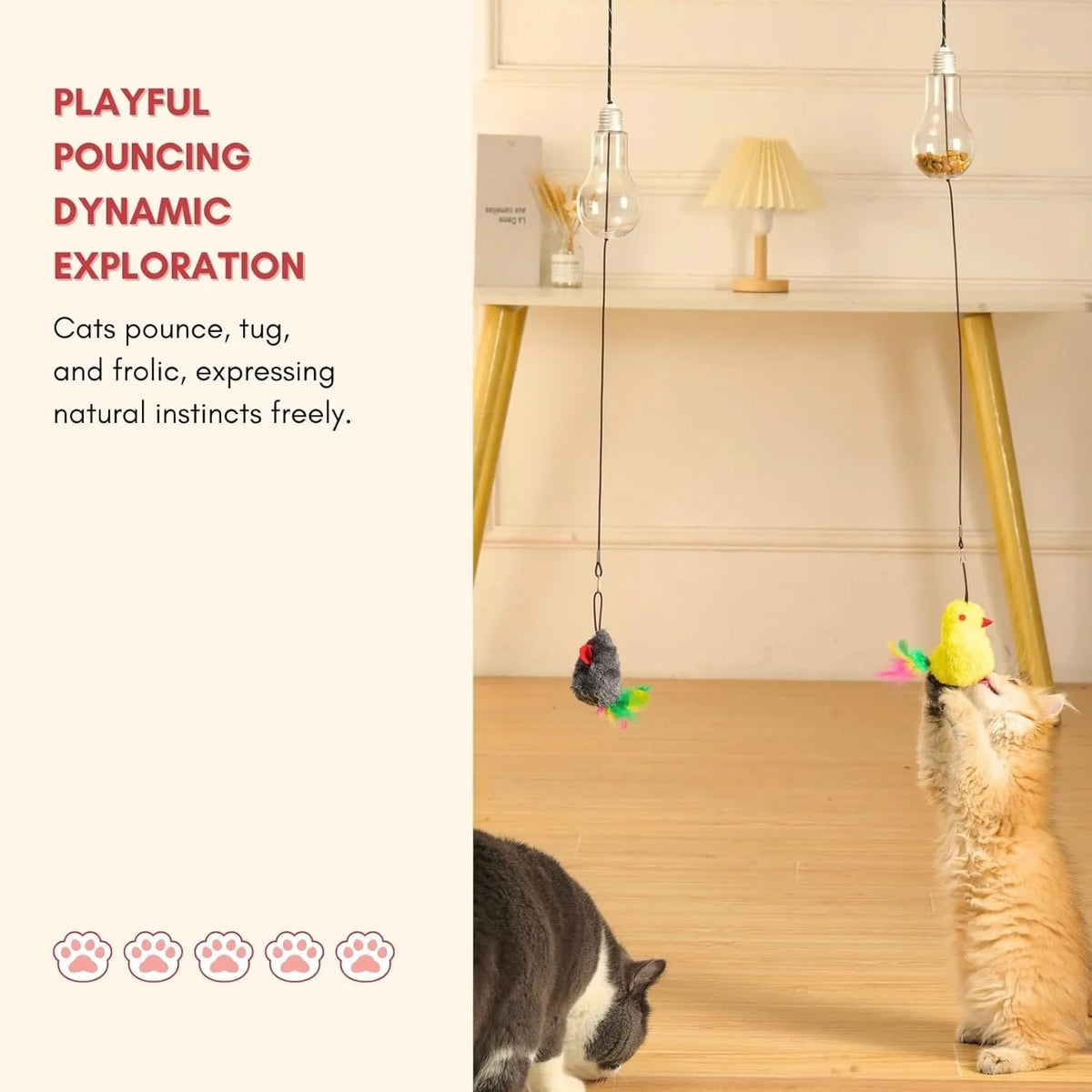 Interactive cat toy hanging on door frame with elastic rope, dangling mouse toy, and treat reward bulb