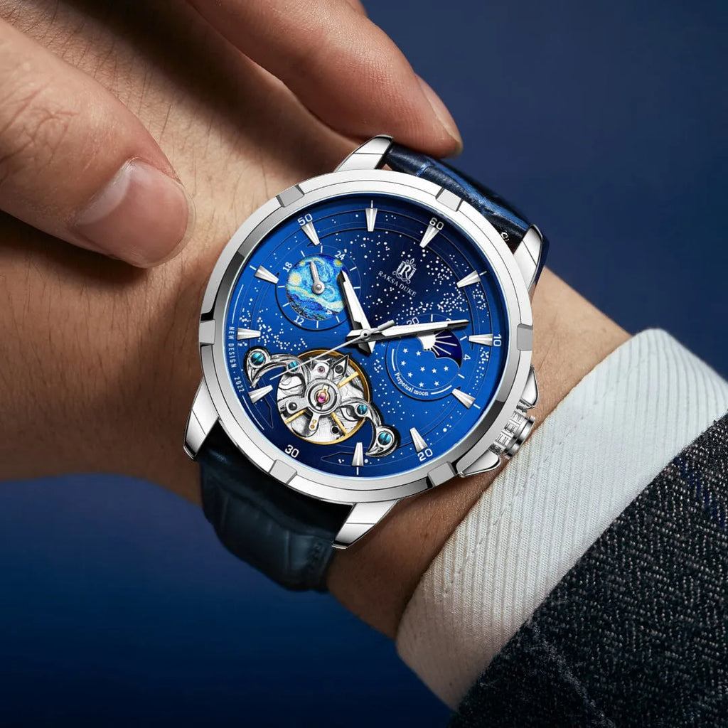 Men's blue dial automatic mechanical watch with 14mm case thickness showing T885B colour variant.