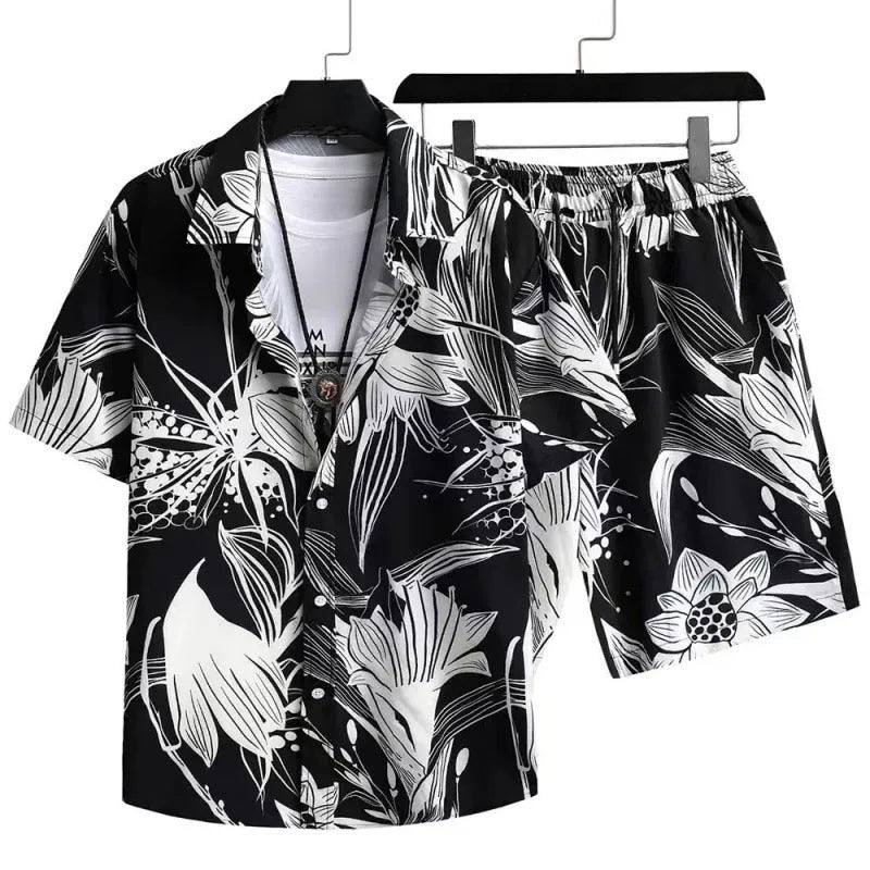 Men's digital print casual suit with short sleeve shirt and matching shorts in flexible polyester fabric