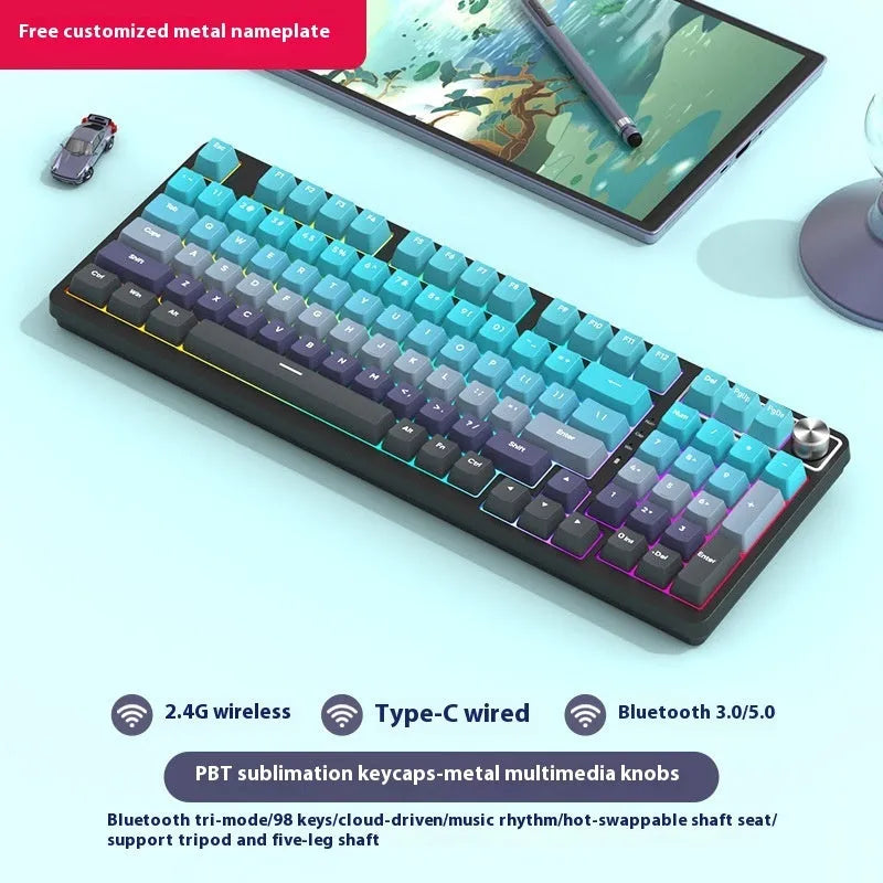 White screen version 98-key wireless mechanical keyboard kit with metal knob on desk
