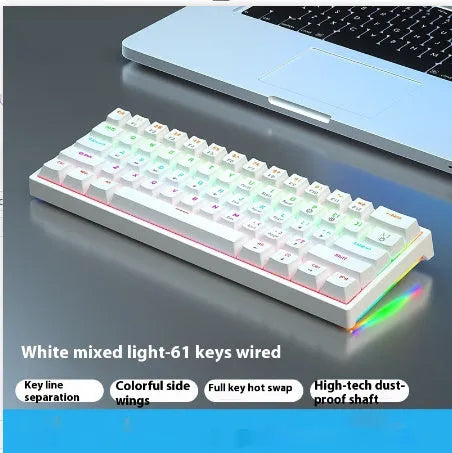 Blue and white 61-key compact mechanical keyboard with hot-swappable switches on black background