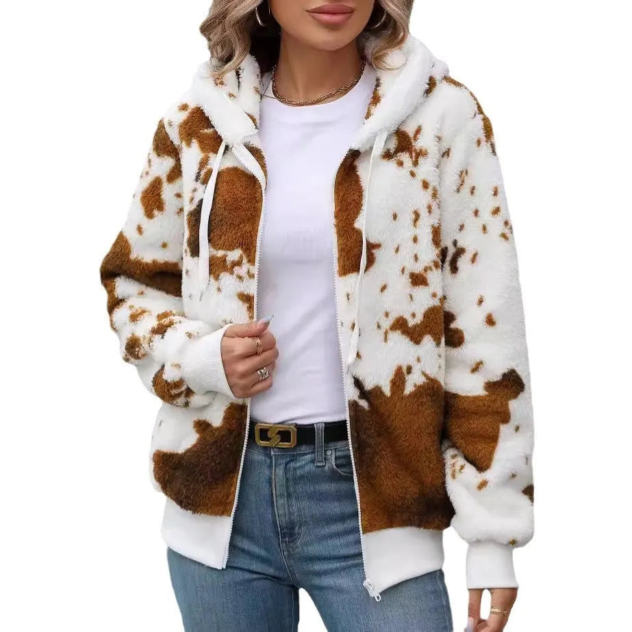 Yellow brown cow print hooded cardigan jacket with full zipper and regular sleeves