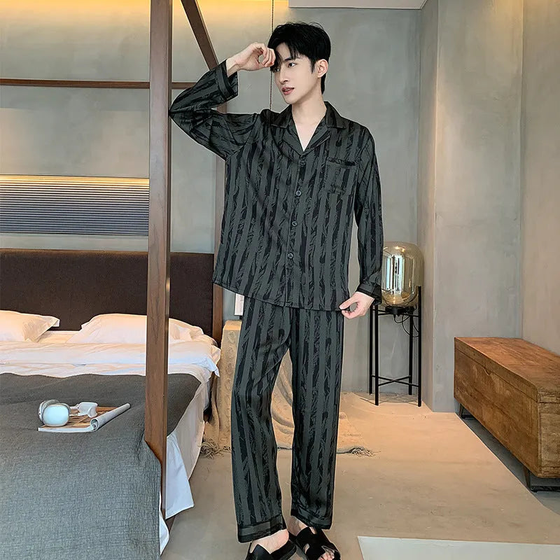 Men's black stripes ice silk pajama set showing V-neck long sleeve top and thin trousers for summer wear