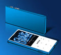 Silver portable MP4 player with 2.4 inch touch screen, showing music playback interface.