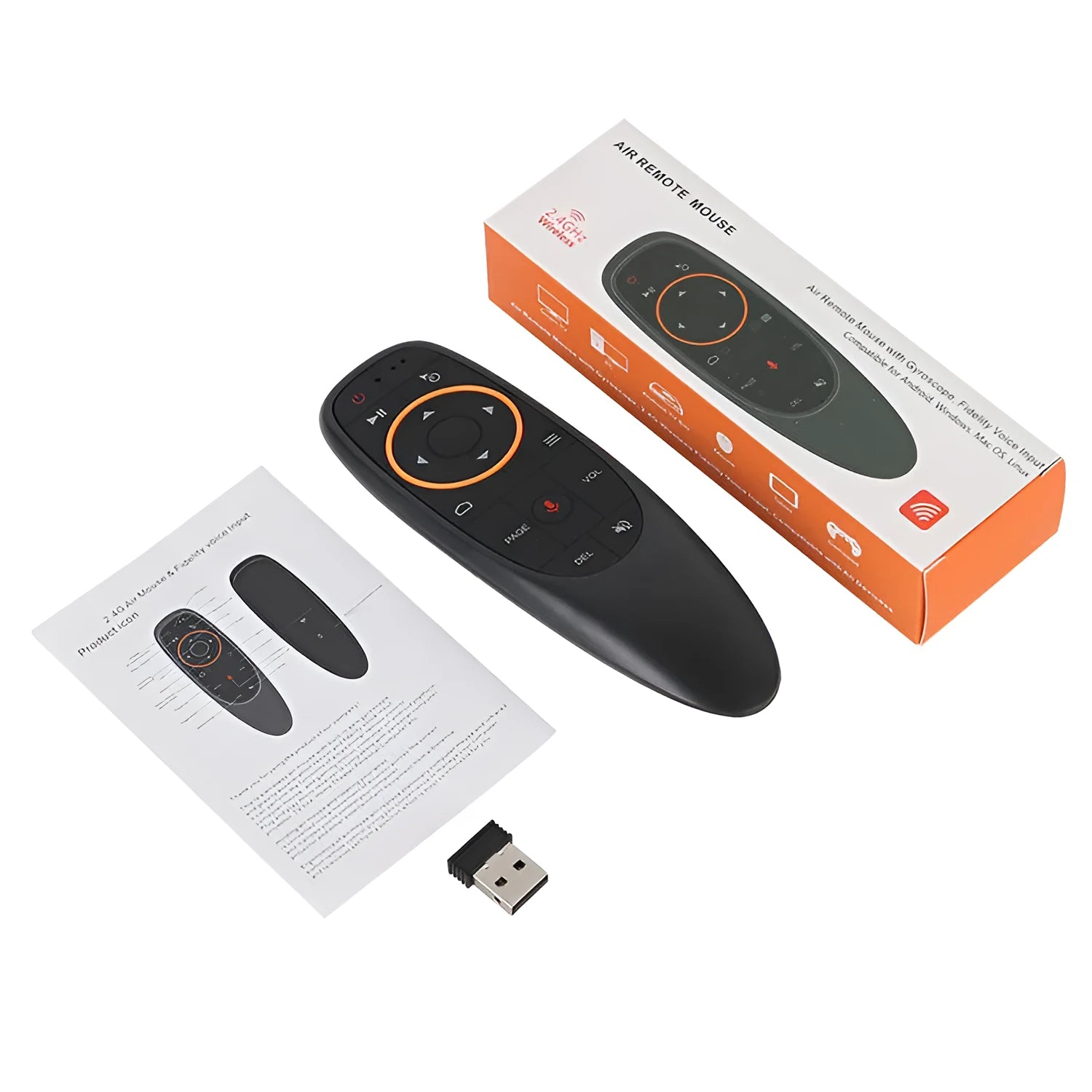 G10S intelligent wireless remote control with silicone buttons and plastic shell, shown next to its packaging.