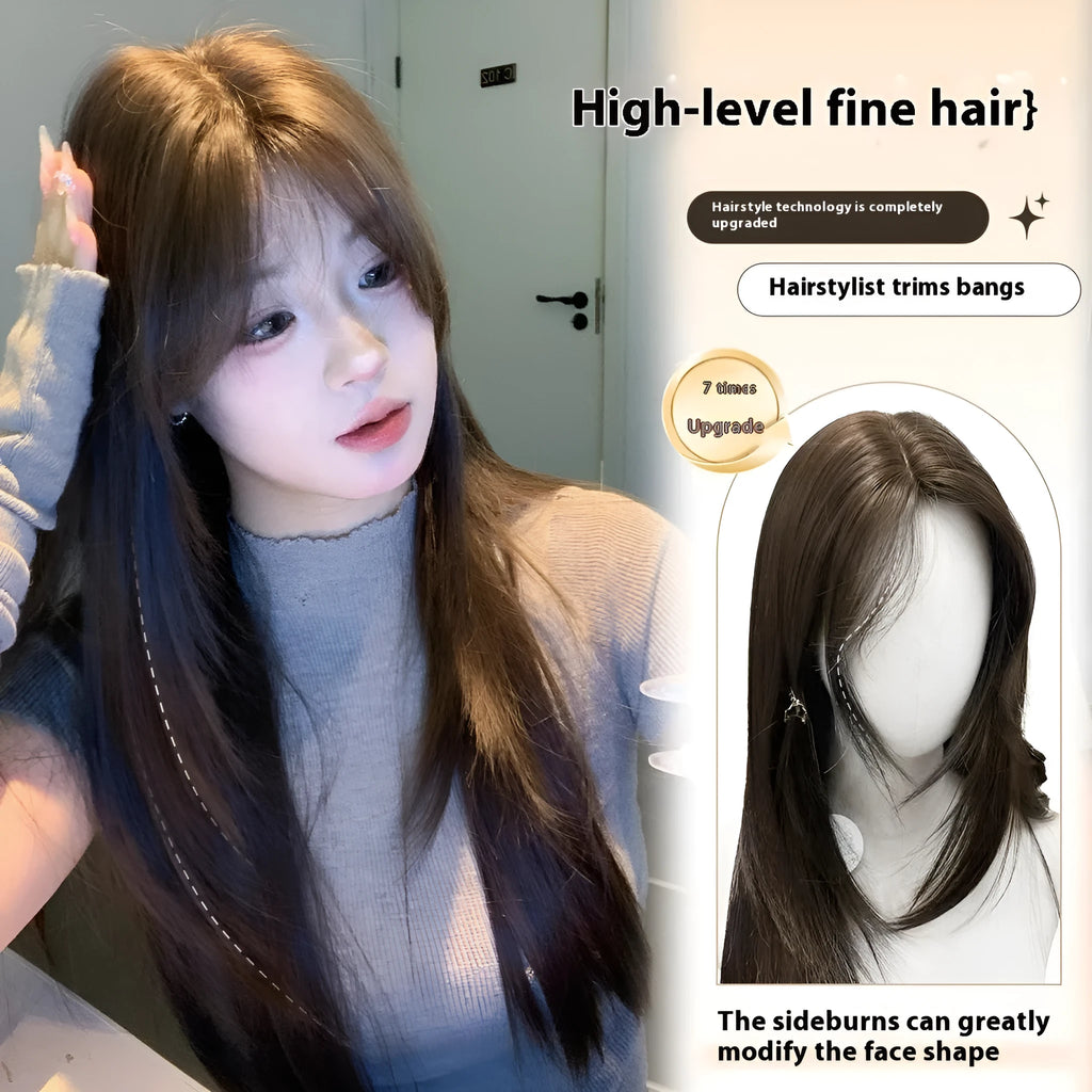Ladies long straight layered cold brown wig made from high temperature fibre