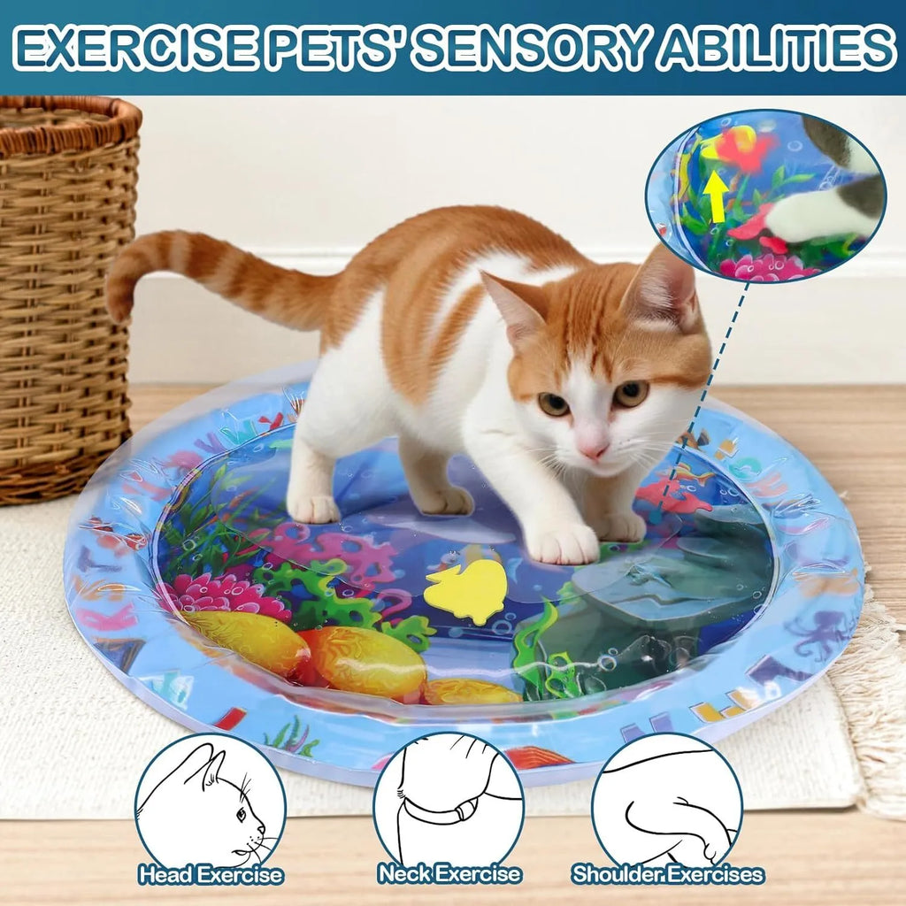Large blue ocean-themed water playmat for cats and dogs with floating fish toys inside