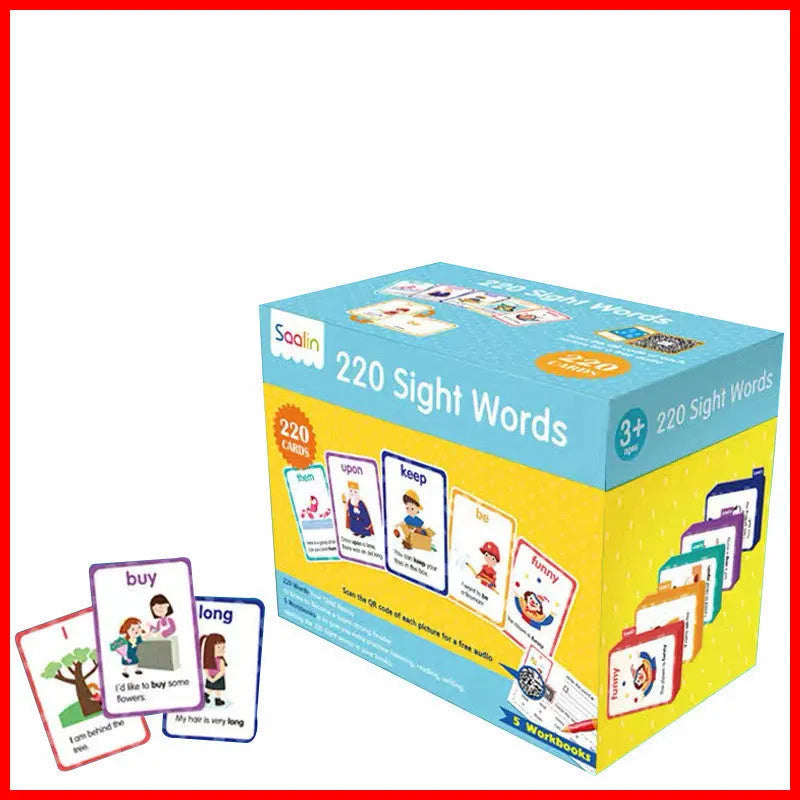 High-frequency word card gift box set with 220 laminated cards and five workbooks for early childhood education