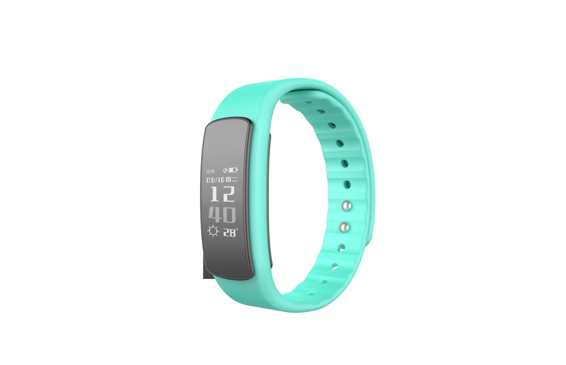 I6 smart sports bracelet in black or green on a wrist, showing its 0.96-inch screen and TPU band.