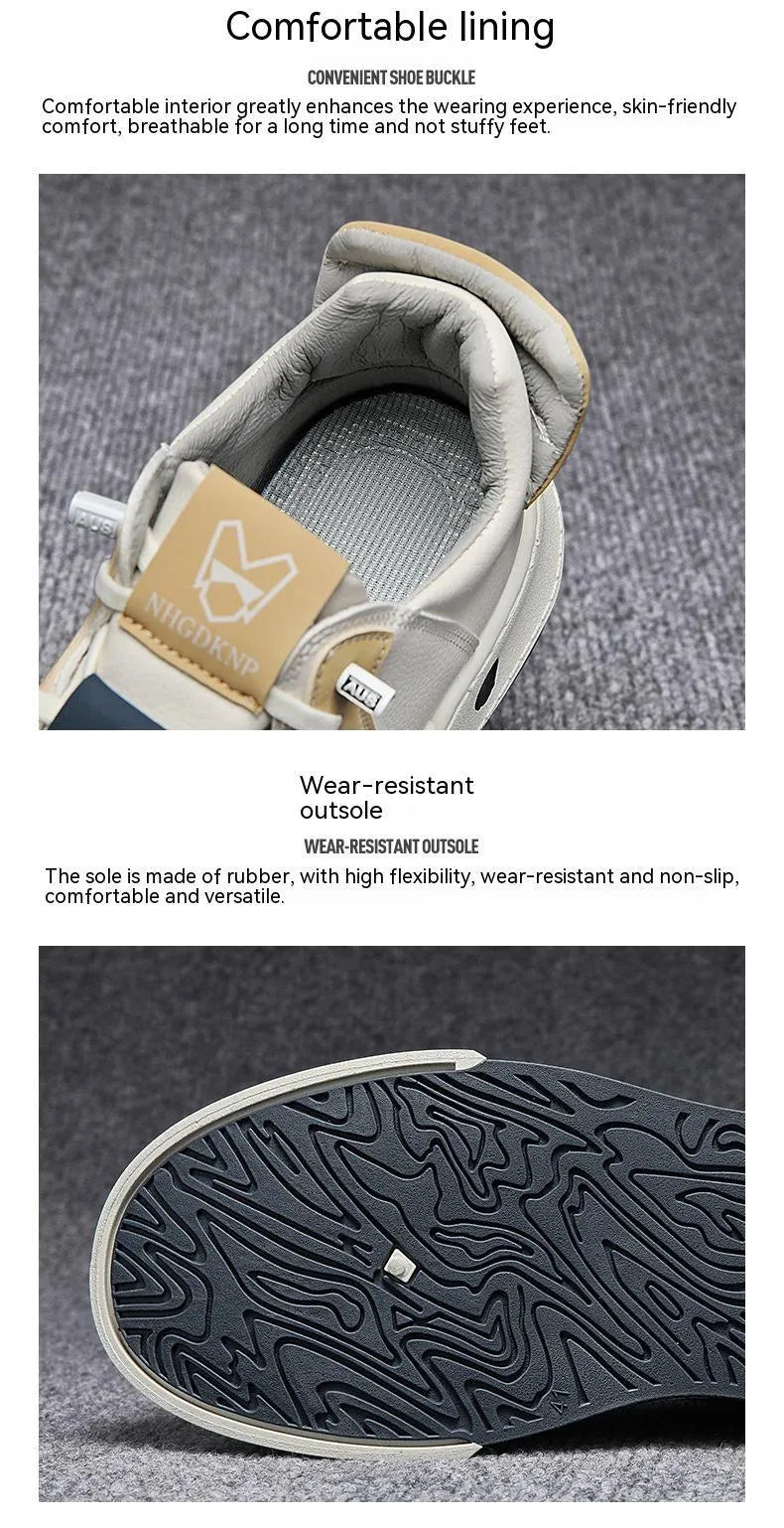 Men's beige low-top sneakers with elastic band fastening and leather stitching details