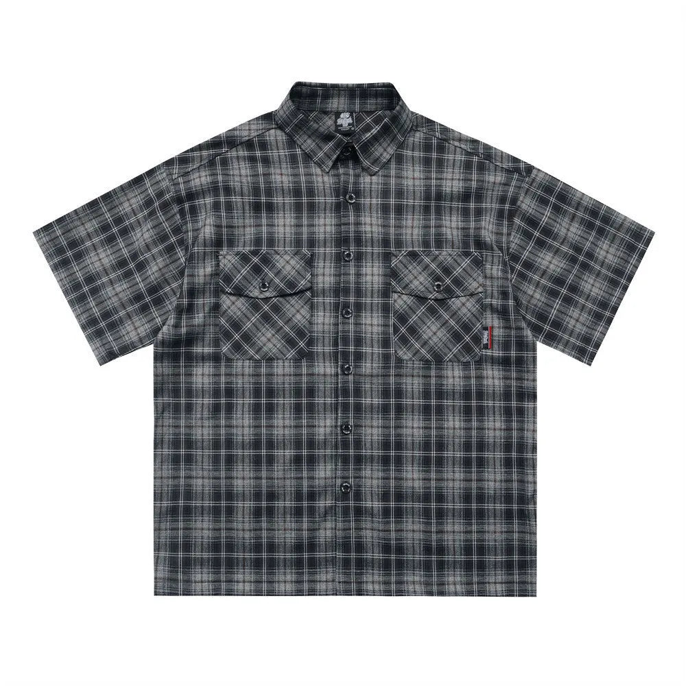Men's black and brown plaid short sleeve shirt with embroidery detail and lapel collar