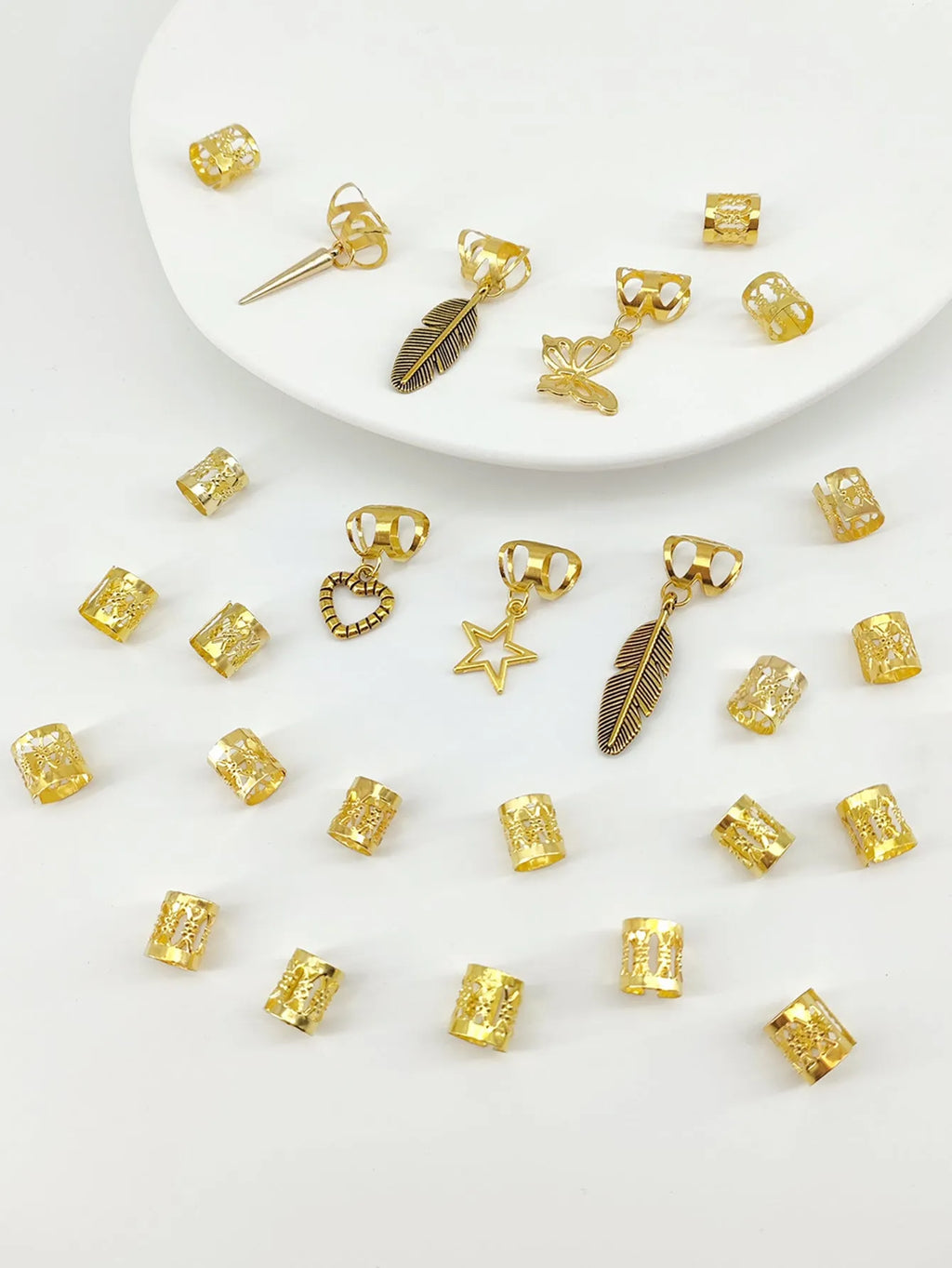 Antique style hair rings with leaves pattern and dirty braid design in gold or silver finish