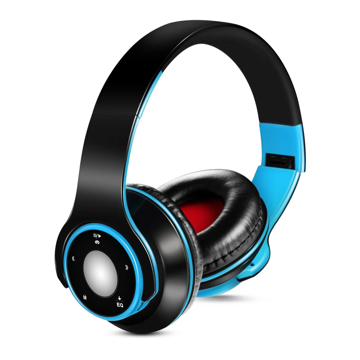 A foldable wireless Bluetooth headset with adjustable hinges, shown in blue, red, or rose red.