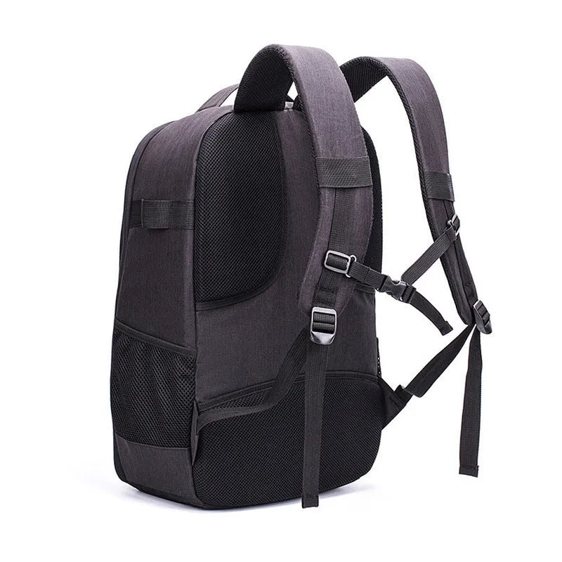 Black Oxford cloth drone backpack with internal organisers for camera and computer compartments
