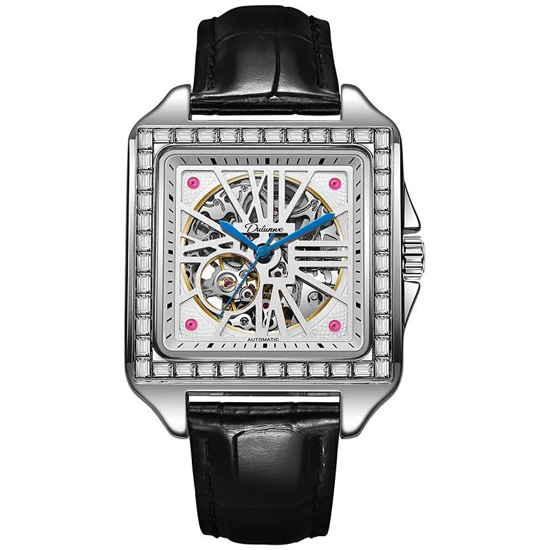 Men's square automatic watch with diamond studs on a stainless steel bracelet