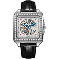 Men's square automatic watch with diamond studs on a stainless steel bracelet