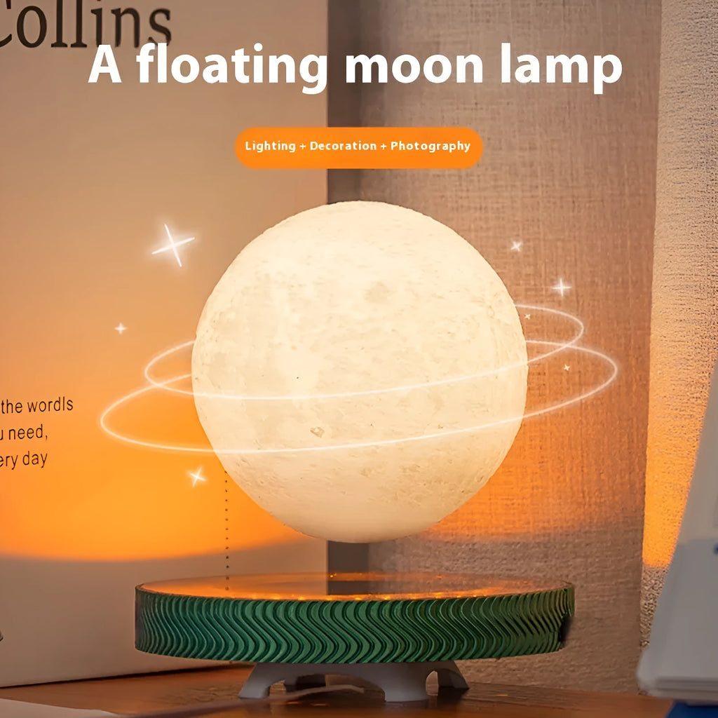 Magnetic suspension moon lamp floating above base with detailed 3D printed lunar surface