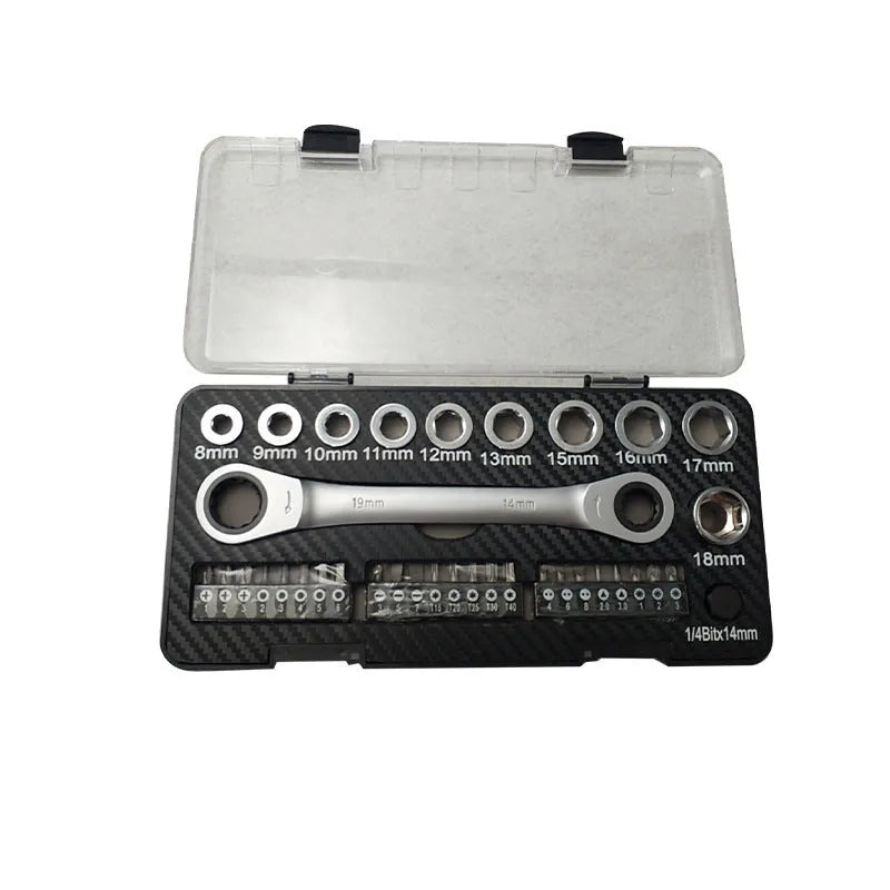Dual-purpose ratchet wrench set with reversible handle, ten sockets, and three screwdriver bit heads laid out.