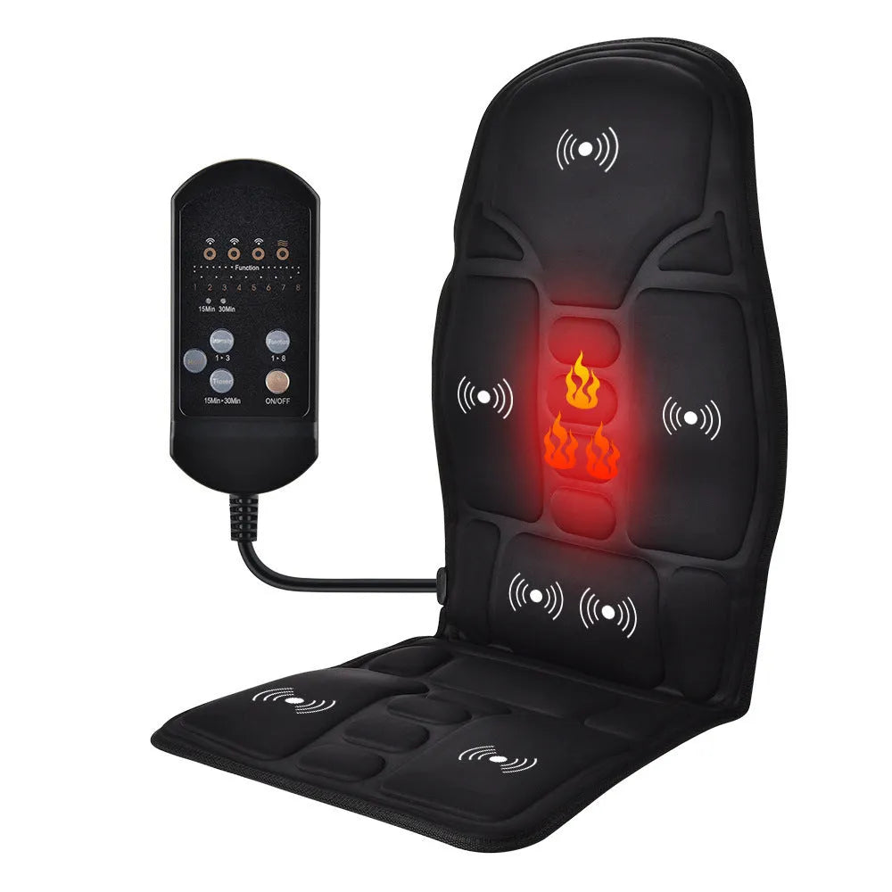 Black electric cervical kneading massager with wireless remote control on black background