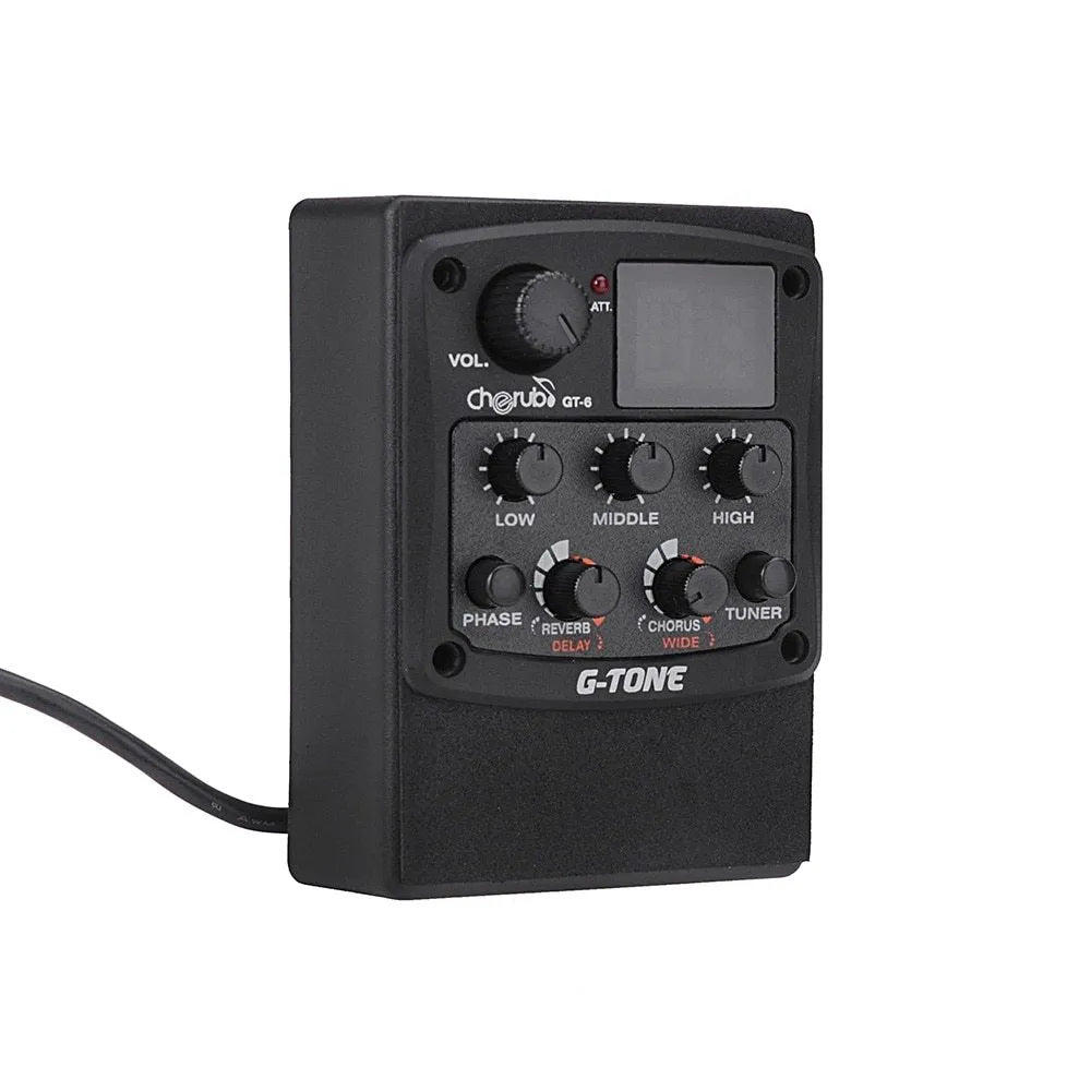 Cherub GT-6 black acoustic guitar pickup and preamp unit with knobs for EQ and effects control.