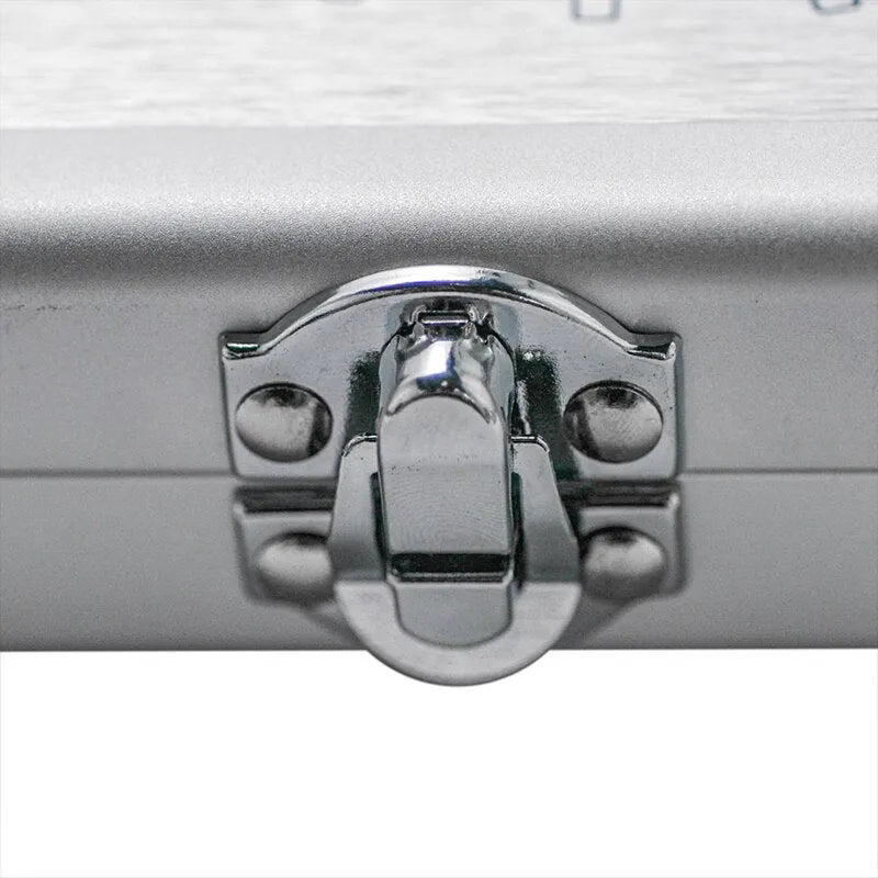 Silver aluminium storage box for a soldering iron with dimensions 154mm by 147mm