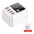 White 4-port travel charger with LED display showing charging information