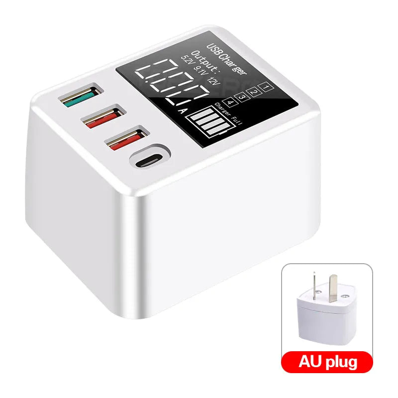 White 4-port travel charger with LED display showing charging information
