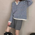 Women's retro loose striped cashmere sweater in blue or red colour with plaid pattern details