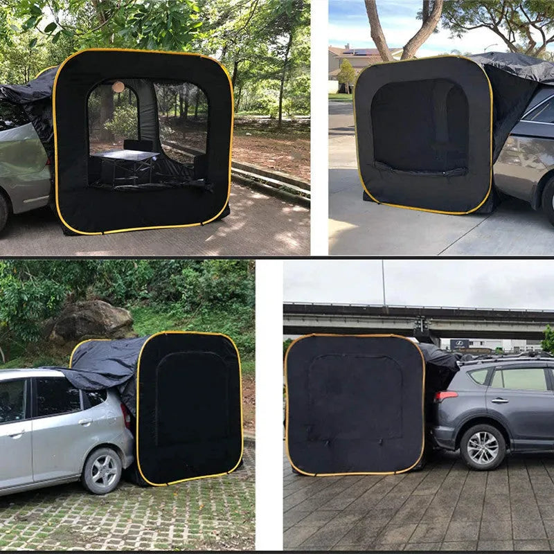 Black pop-up car tail tent with quick-throw setup, shown unfolded to its 200x200x200cm size.