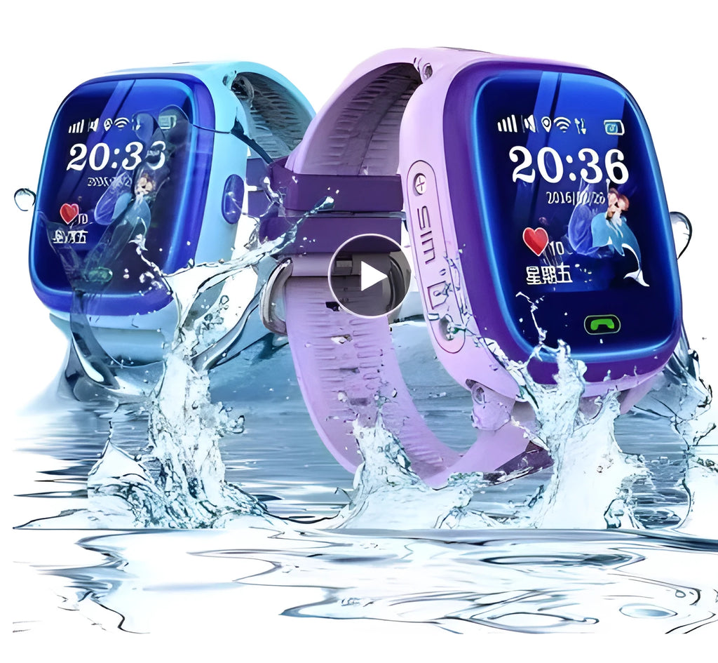Blue DF25 children's waterproof smart watch with silicone band and touch screen displayed on a wrist.