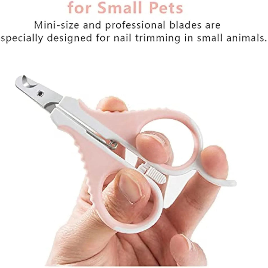 Grey and pink angled pet nail clippers with safety lock and rubber handles.