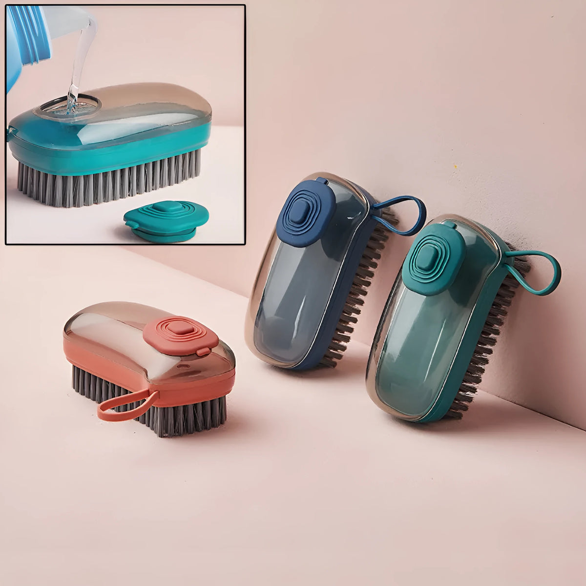Blue automatic cleaning brush with soft bristles and a matching spare head on a white background.