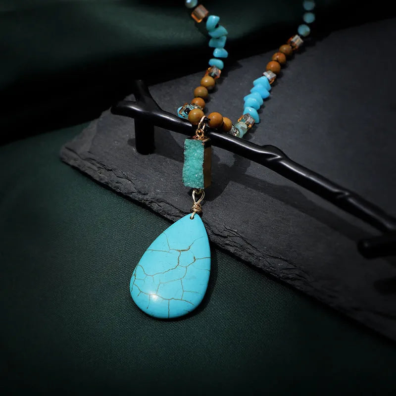 Women's turquoise imitation mineral pendant necklace with large water drop design on ball bead chain
