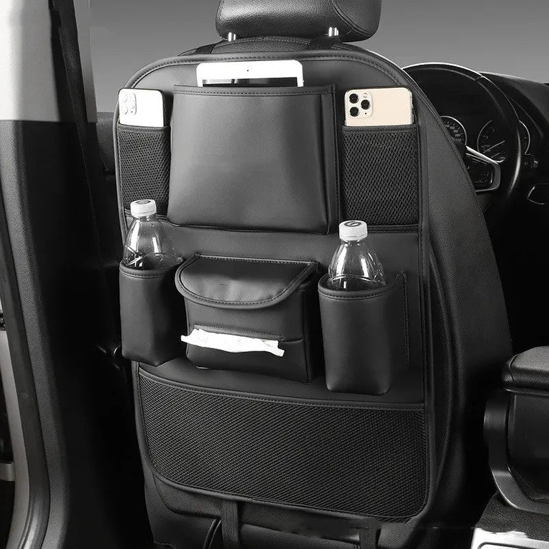 Genuine leather car seat back storage bag in a hanging design.