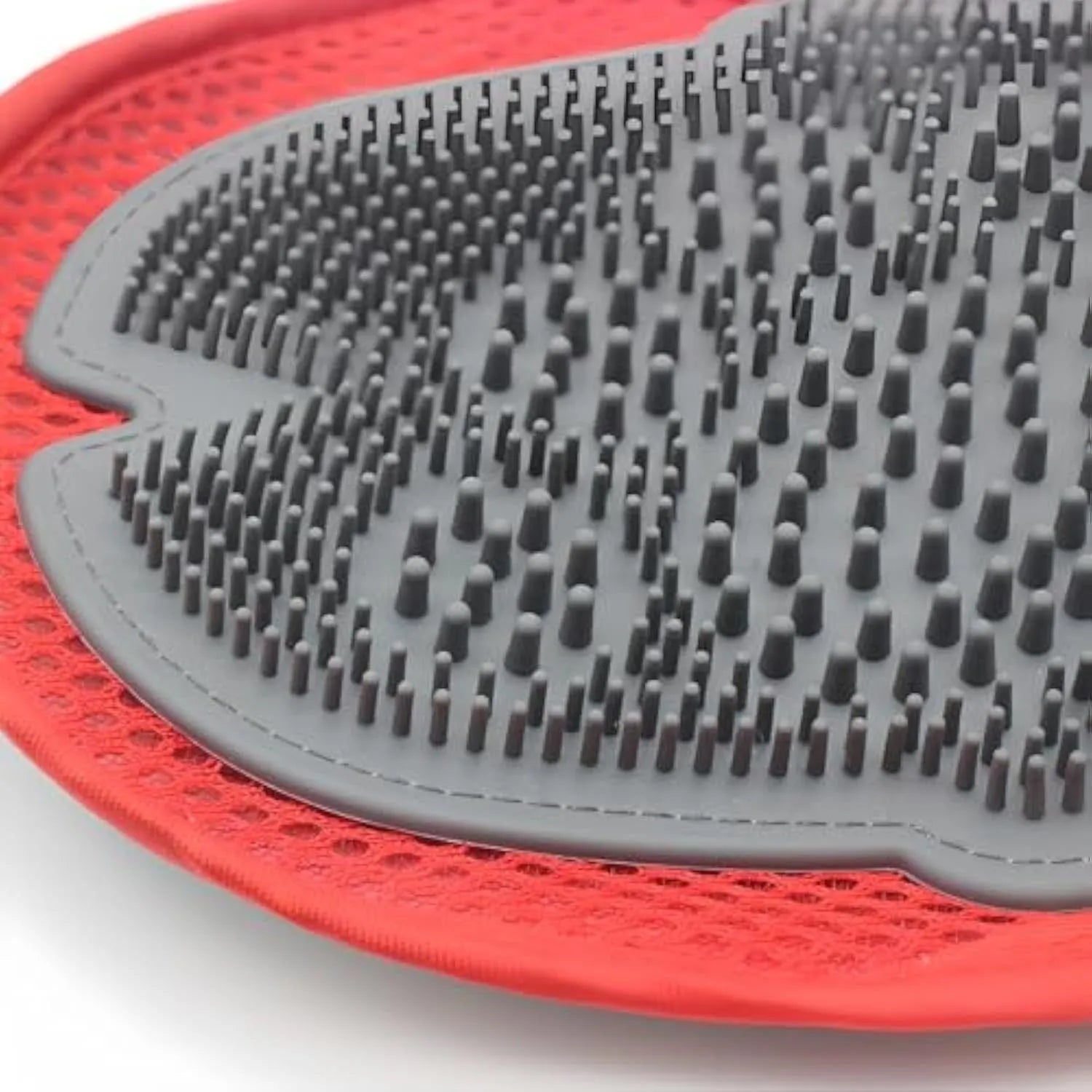 Red pet bathing and grooming glove with integrated brush surface for hair removal and massage