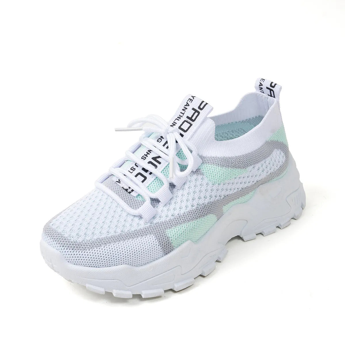 Women's Flyknit mesh sneakers in grey and white with a flat rubber sole and lace-up front.