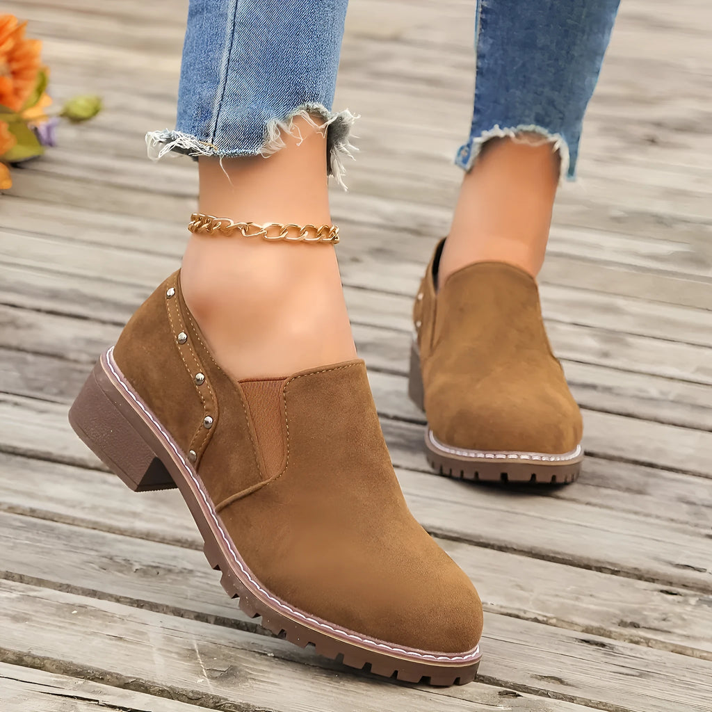 Plus size women's light brown suede ankle boots with low thick heel and elastic band