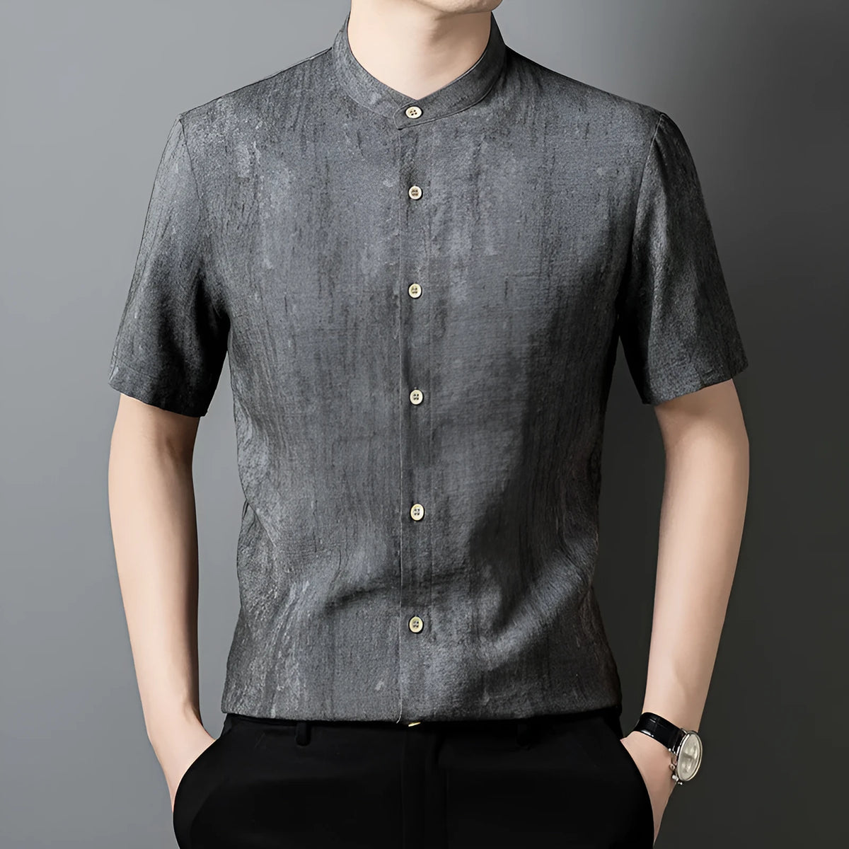Men's loose fit linen-style shirt with stand collar in grey colour on hanger