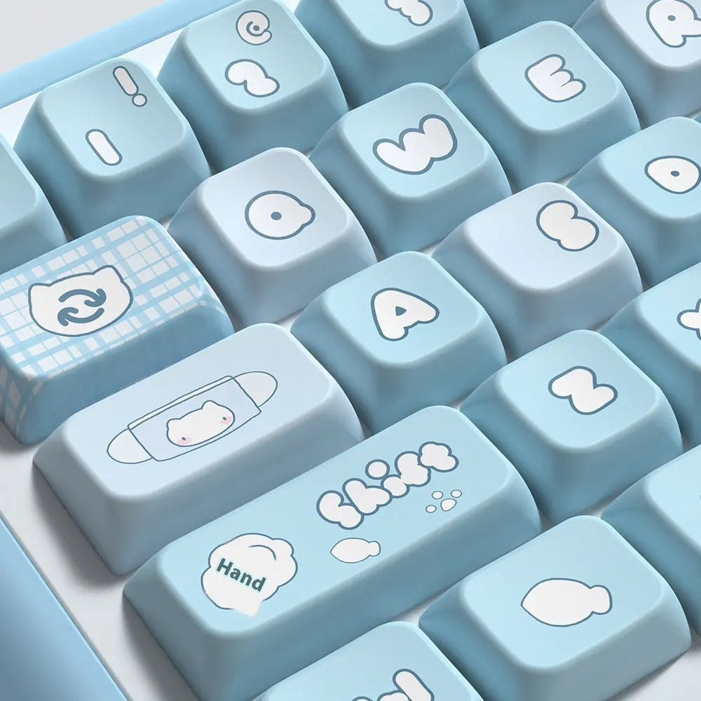 Custom watercolour cat design PBT keycap set for mechanical keyboards, showing 138 or 158 keys in a box.