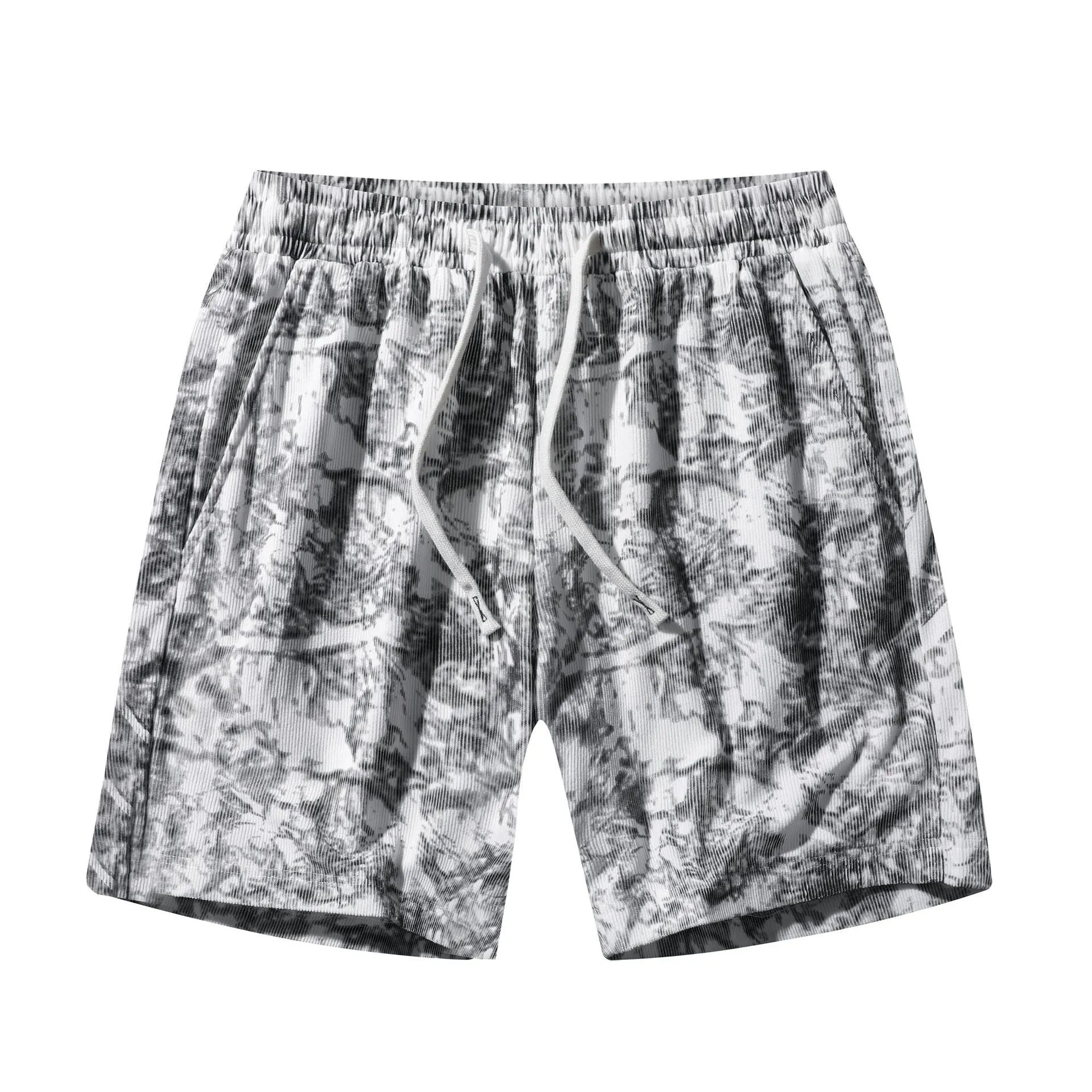 Men's camouflage pattern athletic shorts in corduroy fabric with straight leg cut and high waist