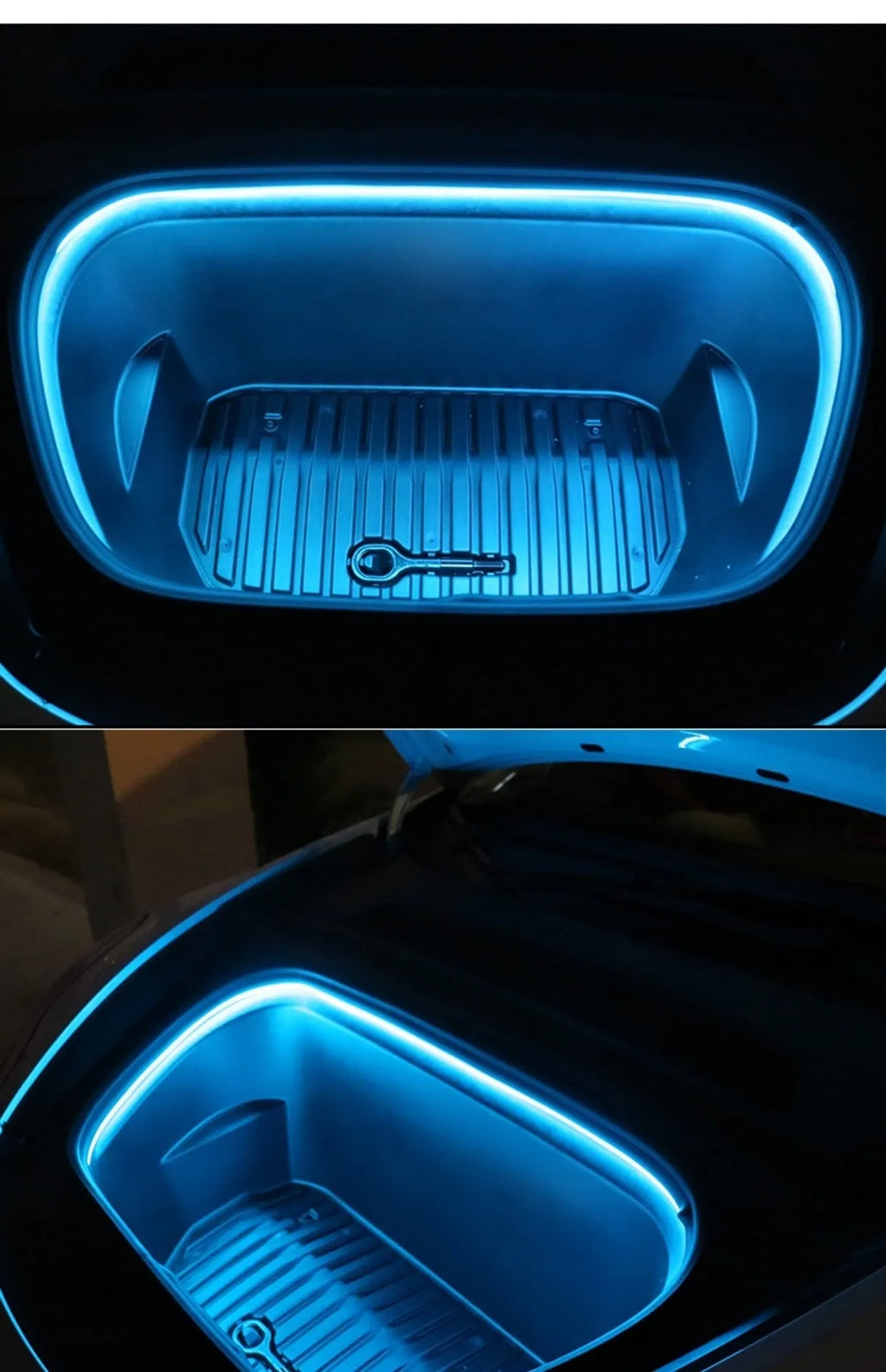 Tesla Model 3 and Model Y front backup box interior ambience LED light kit in soft silicone.