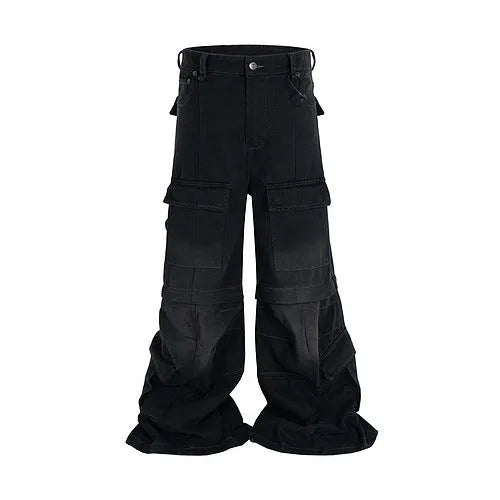 Teenager wearing black detachable washed-out cotton overalls with multiple pockets.