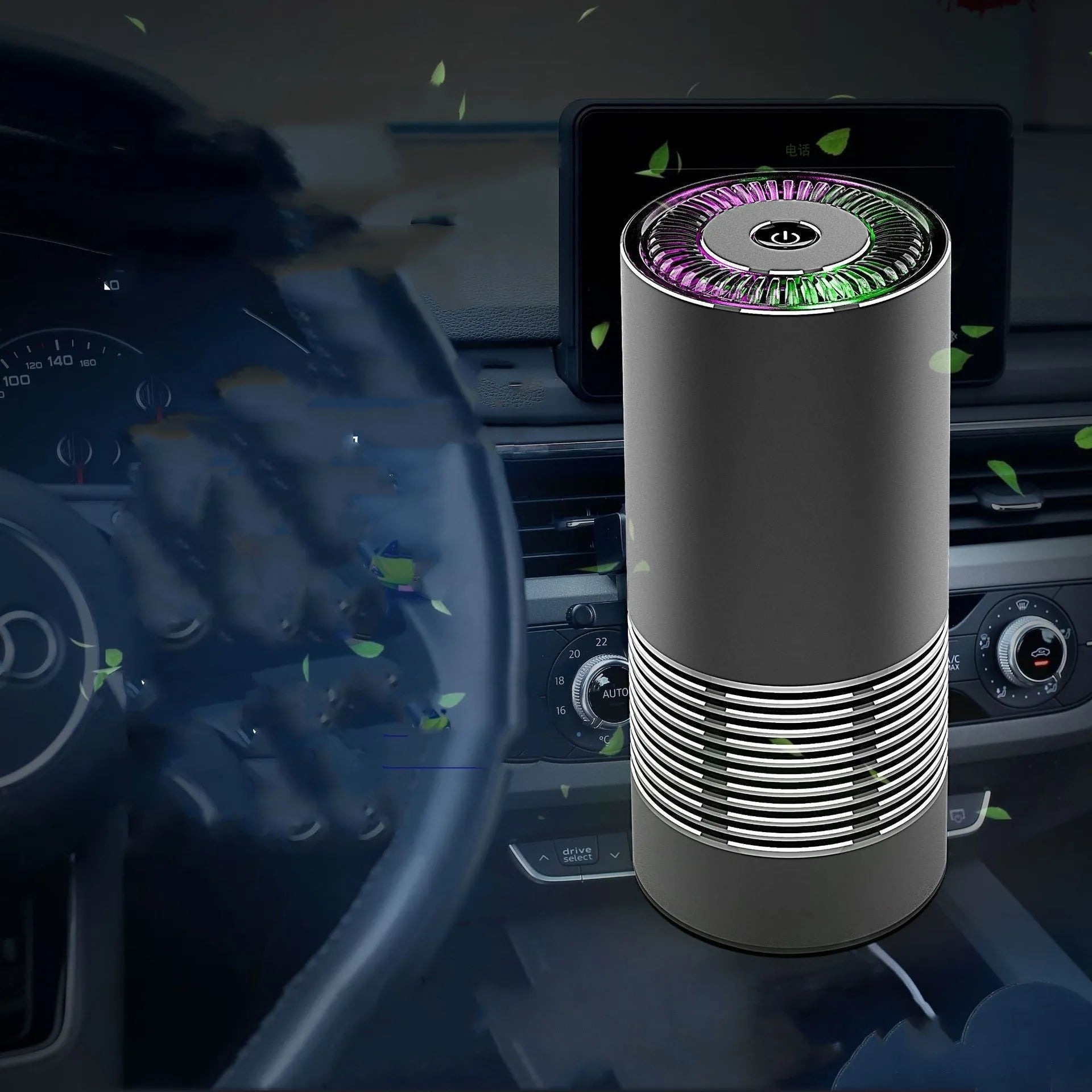 Compact car indoor wireless air purifier in aluminium alloy and ABS construction with negative ion generator