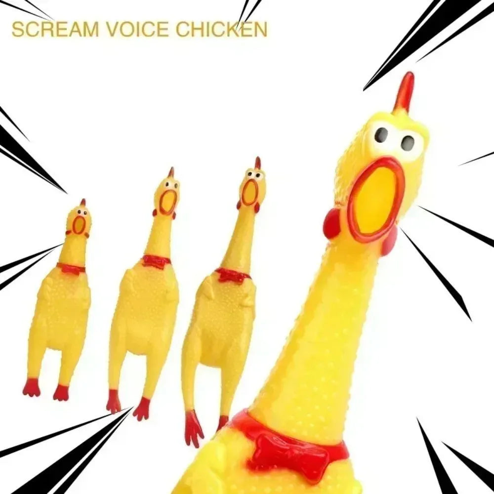 Yellow rubber screaming chicken dog squeak toy showing three size options