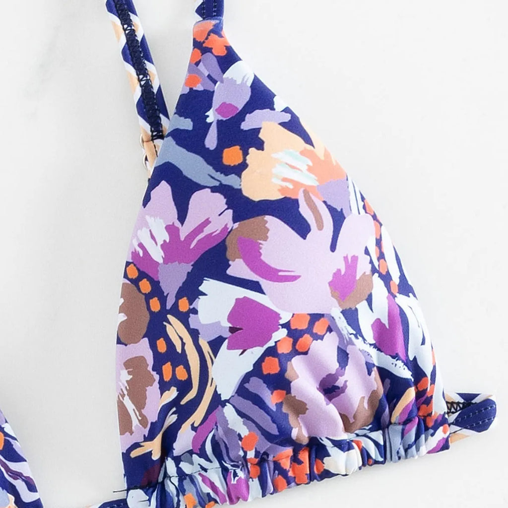 Women's floral print polyester swimsuit with triangle bag top and briefs bottom