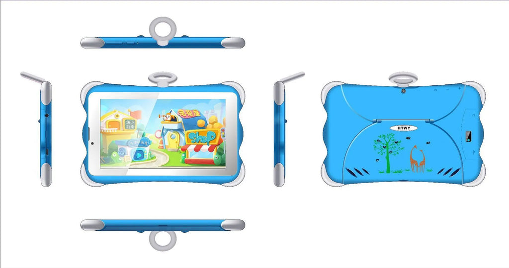 A 7-inch children's learning tablet in a cartoon colour, shown with its stand attached, on a table.