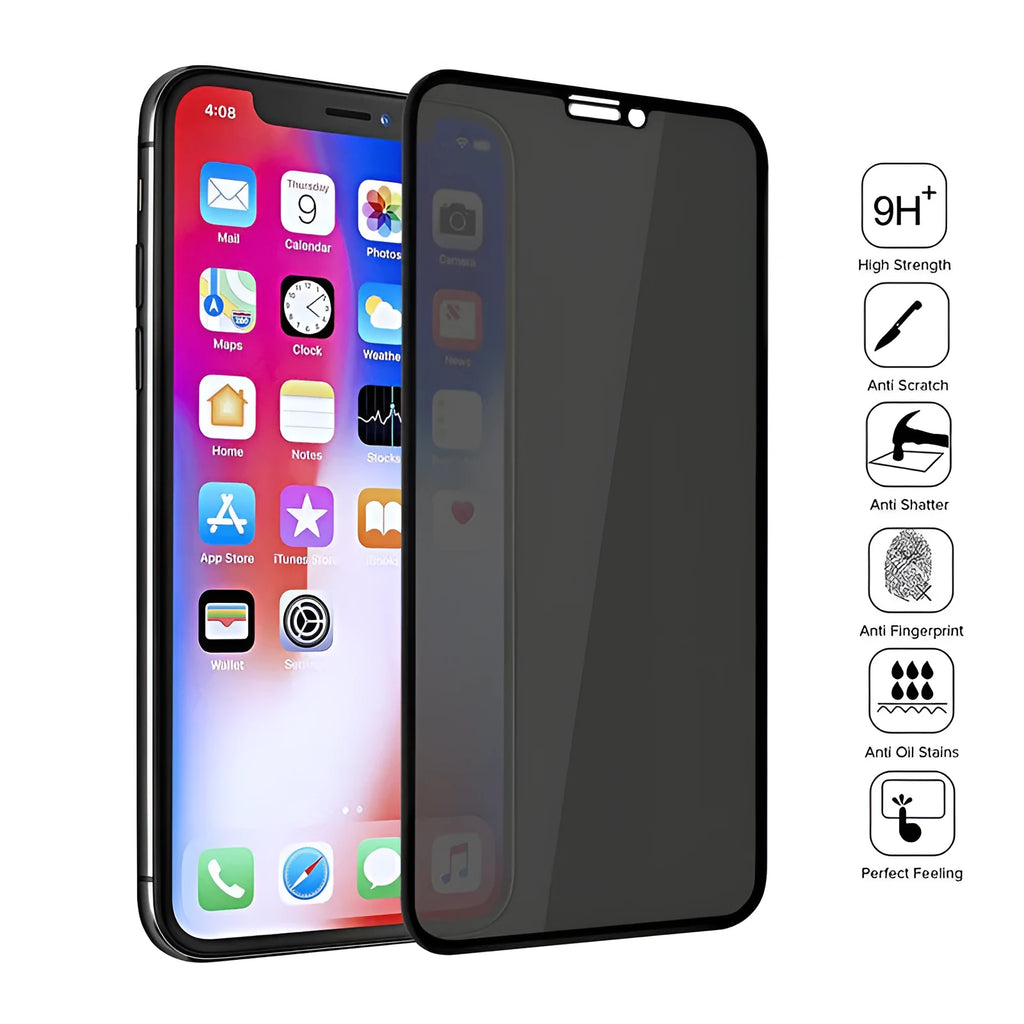 Black anti-peeping tempered glass screen protector for iPhone showing privacy filter effect